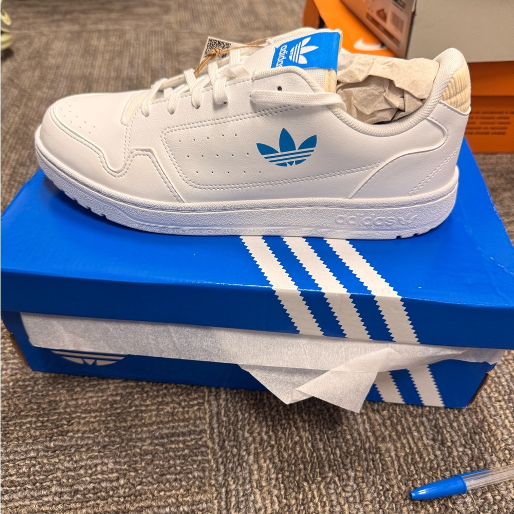 Adidas White Sneakers with Blue Logo